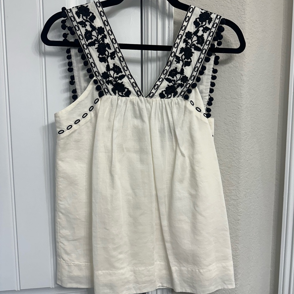 J. Crew Ivory and Black Embroidered Top